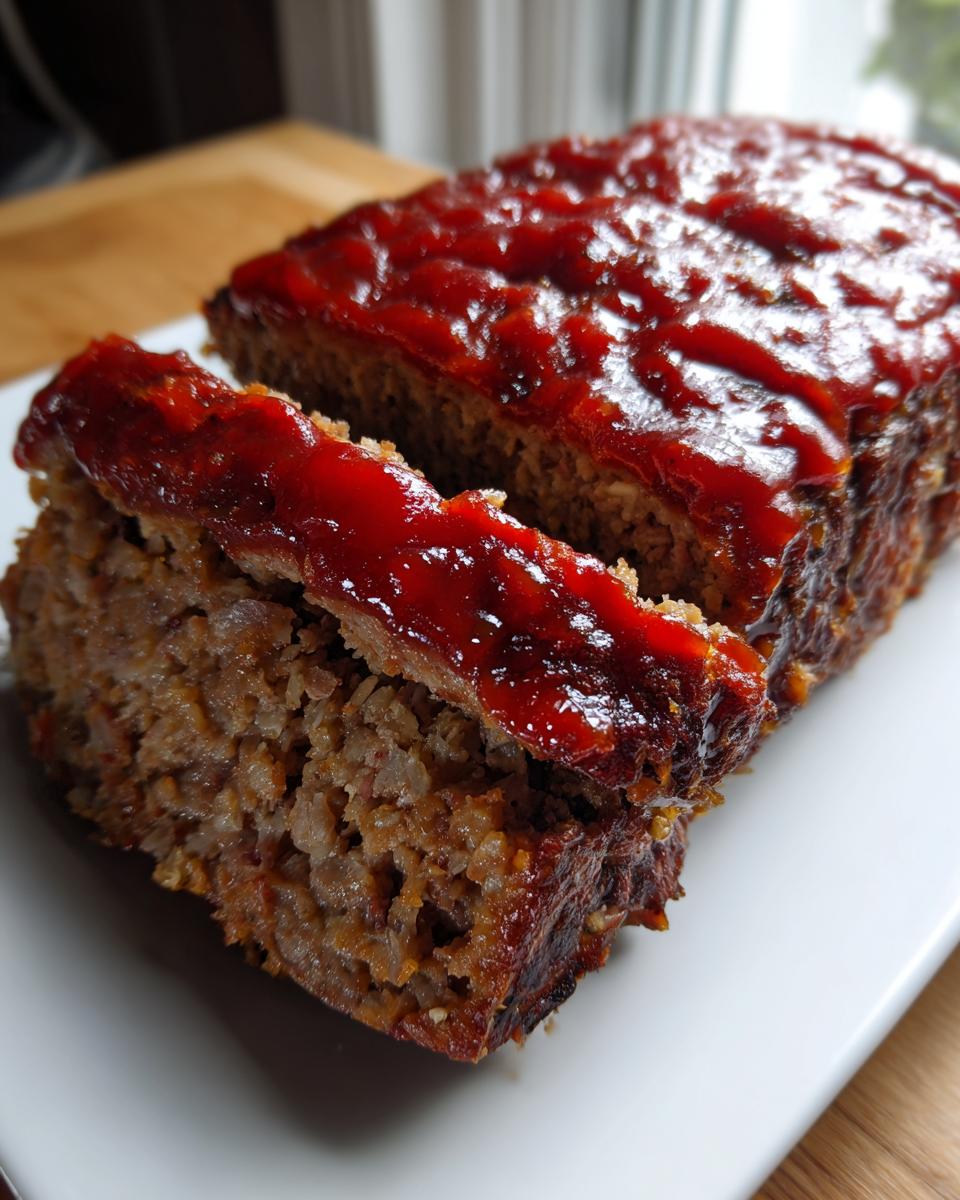 Close-up of a moist crockpot stove top stuffing meatloaf with a thick, glossy ketchup glaze, sliced on a white plate.