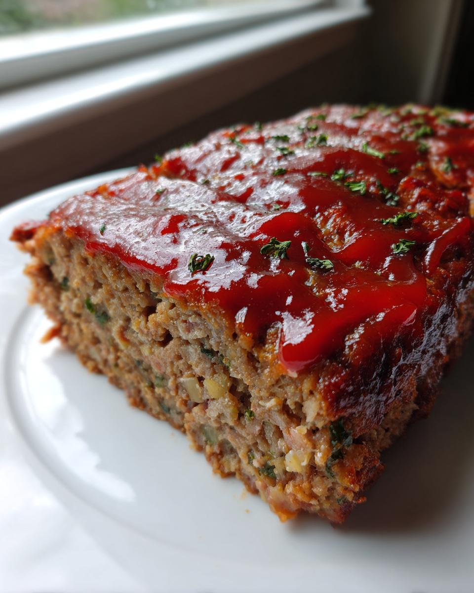 Close-up of a thick slice of crockpot stove top stuffing meatloaf topped with shiny ketchup glaze and parsley.