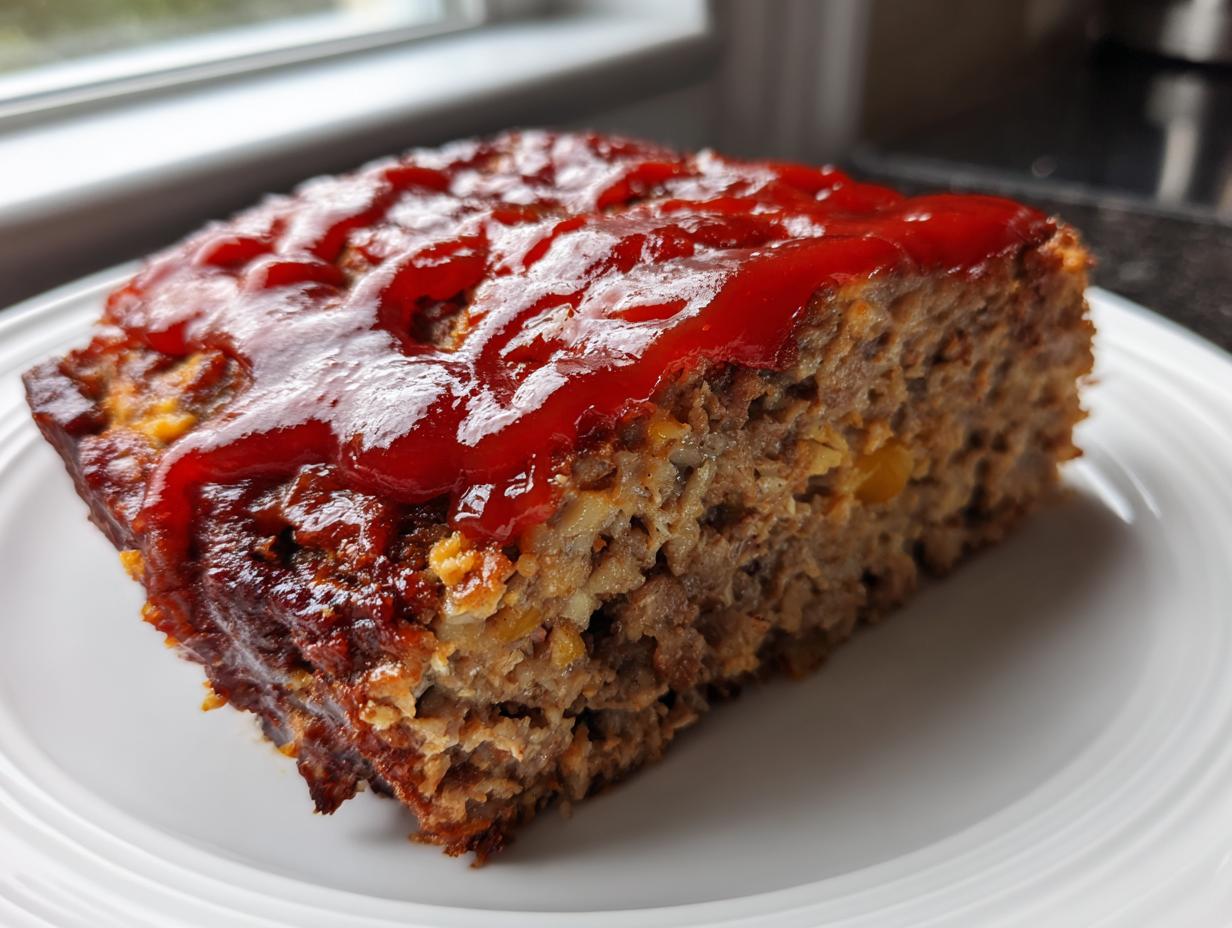 A thick slice of crockpot stove top stuffing meatloaf topped with a bright red ketchup glaze, served on a white plate.