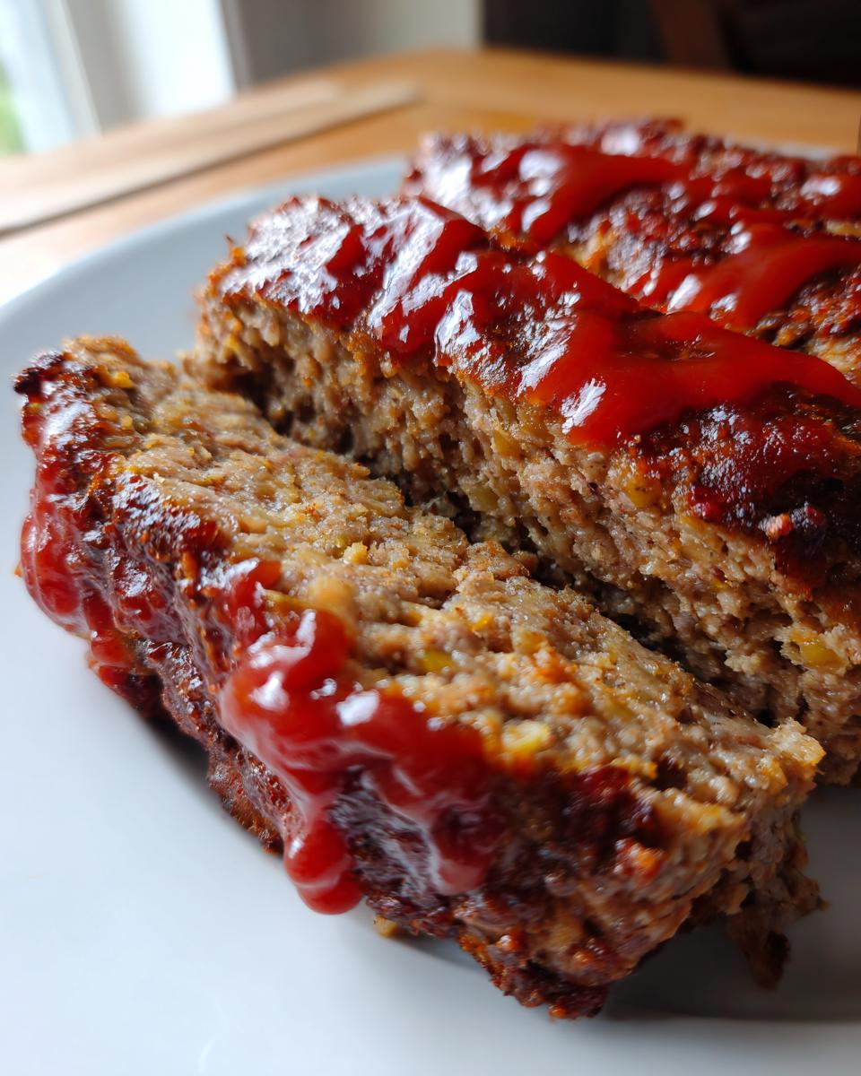 Close-up of sliced crockpot stove top stuffing meatloaf topped with a bright red ketchup glaze.