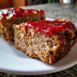 Close-up of two slices of moist crockpot stove top stuffing meatloaf topped with a bright red glaze.