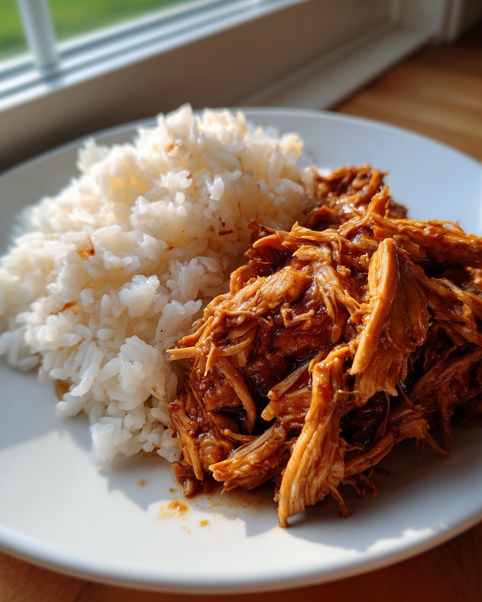 Close-up of shredded crockpot teriyaki chicken coated in sauce served next to a mound of white rice on a white plate.