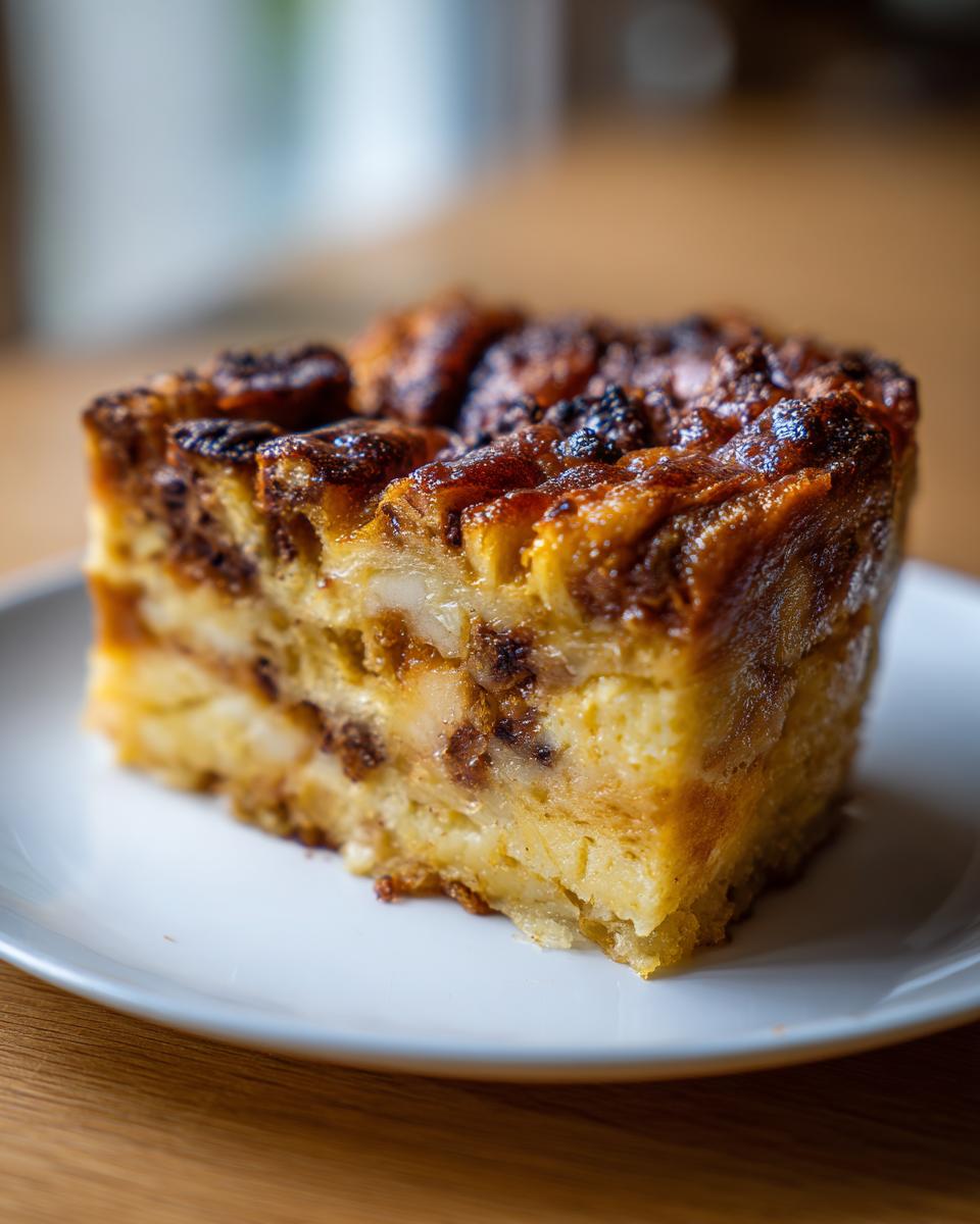 Close-up of a square slice of rich, caramelized croissant bread pudding on a white plate.