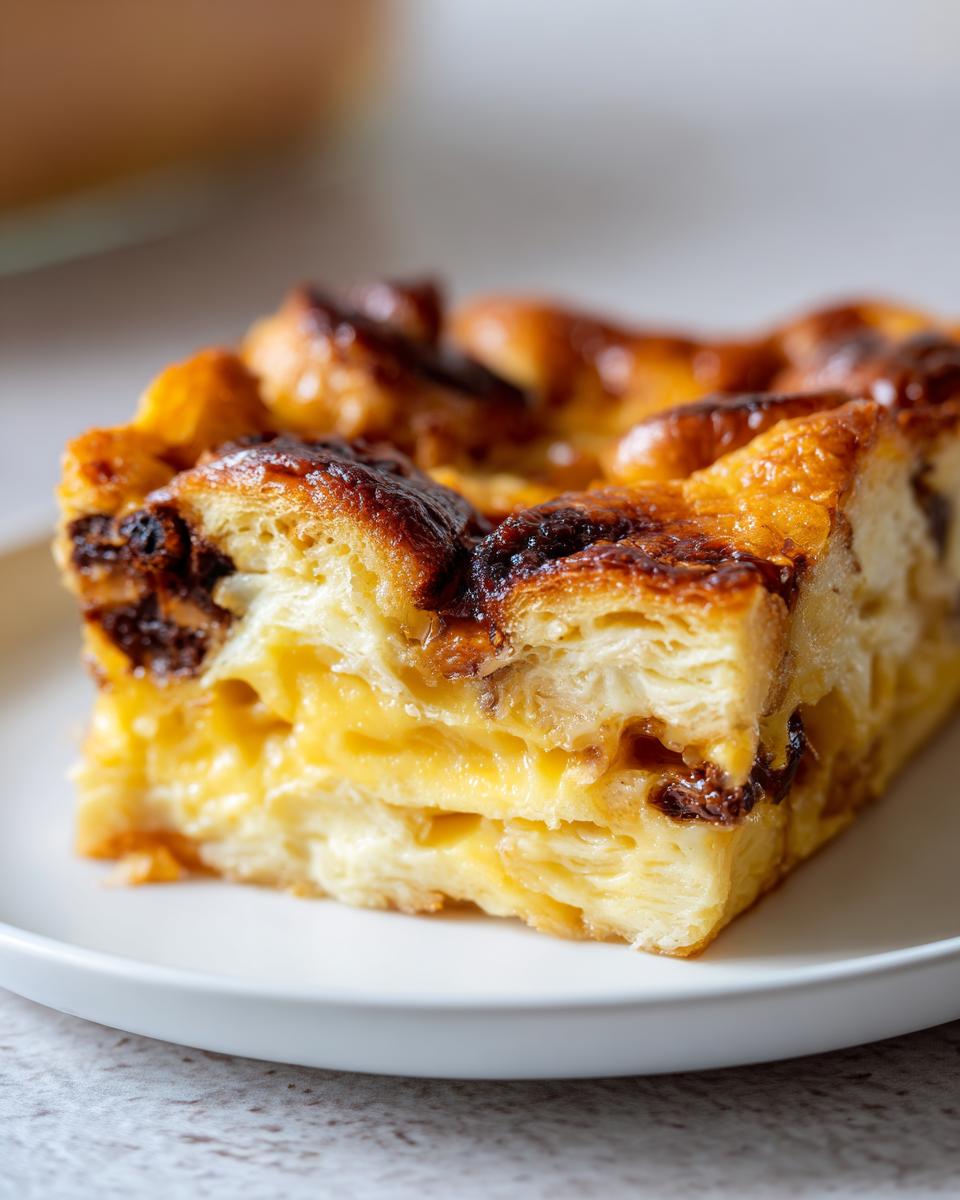 Close-up of a rich slice of croissant bread pudding showing flaky layers and creamy custard.