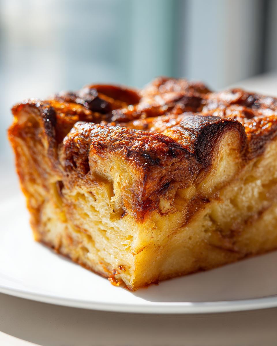 Close-up of a rich, caramelized slice of croissant bread pudding on a white plate.