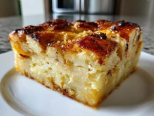 Close-up of a square slice of golden brown croissant bread pudding served on a white plate.