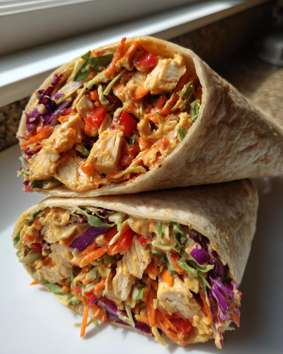 Two halves of a crunchy rainbow Thai peanut chicken wrap stacked, showing colorful filling of chicken, carrots, and cabbage.
