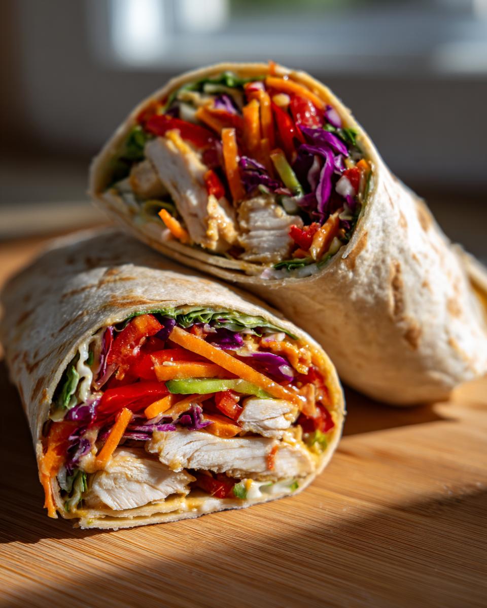 Two halves of a crunchy rainbow Thai peanut chicken wrap showing sliced chicken, carrots, and purple cabbage.