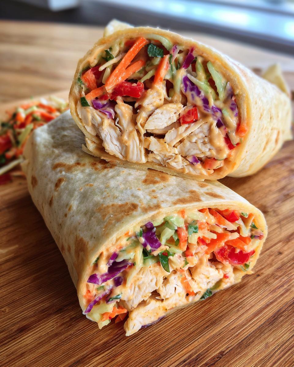 Cross-section view of a crunchy rainbow Thai peanut chicken wrap stuffed with chicken and colorful slaw.
