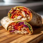 A crunchy rainbow Thai peanut chicken wrap cut in half, showing shredded chicken and colorful vegetables inside a tortilla.
