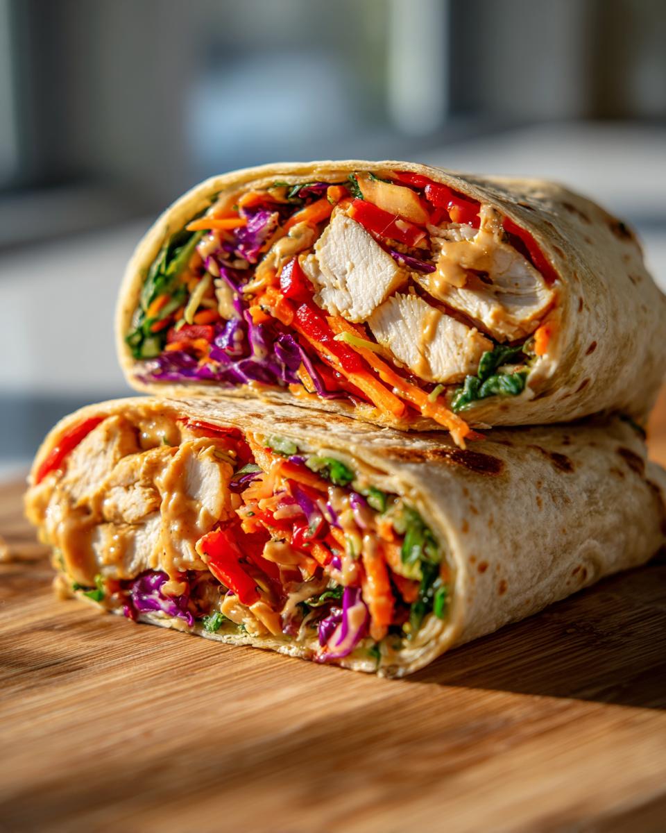 Two halves of a crunchy rainbow Thai peanut chicken wrap stacked, showing chicken, shredded carrots, red cabbage, and peanut sauce.
