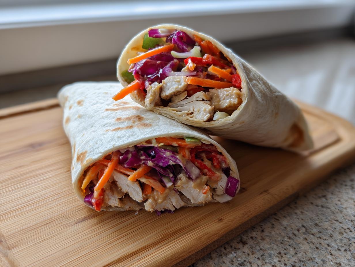 Two halves of a crunchy rainbow Thai peanut chicken wrap filled with sliced chicken and colorful slaw on a wooden board.