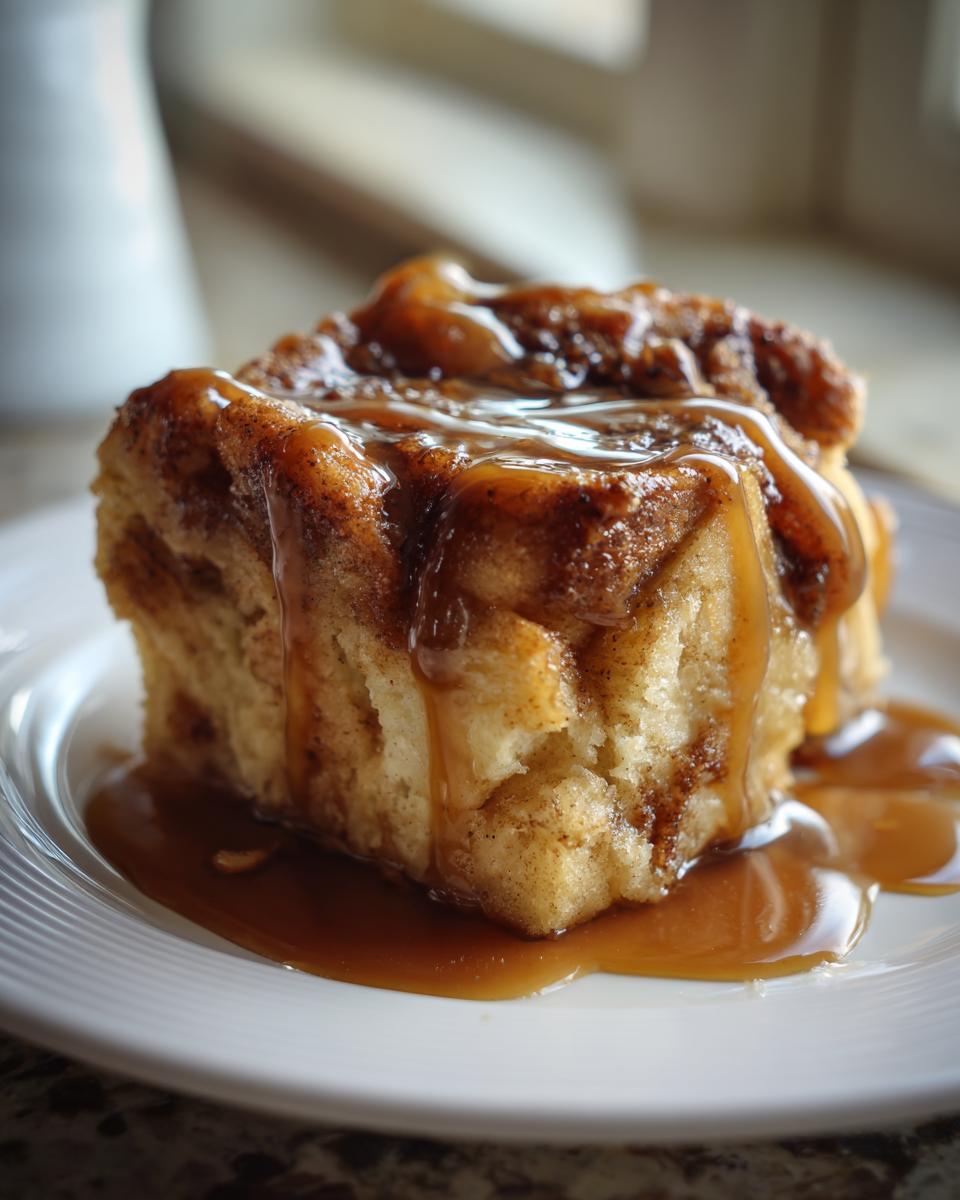 Close-up of a single serving of rich bread pudding topped with thick, dripping caramel sauce.