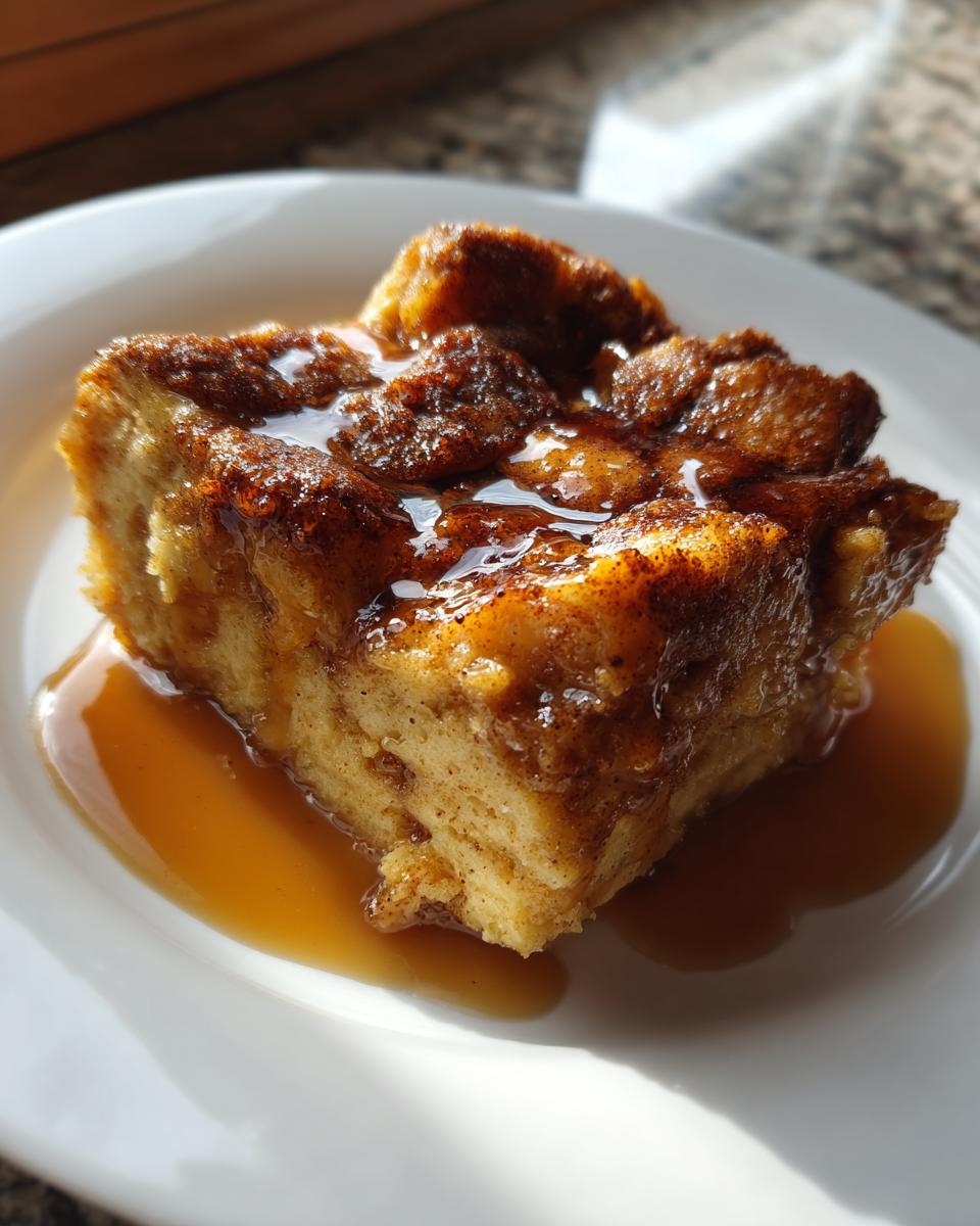 Close-up of a square serving of rich bread pudding topped with glossy caramel sauce.
