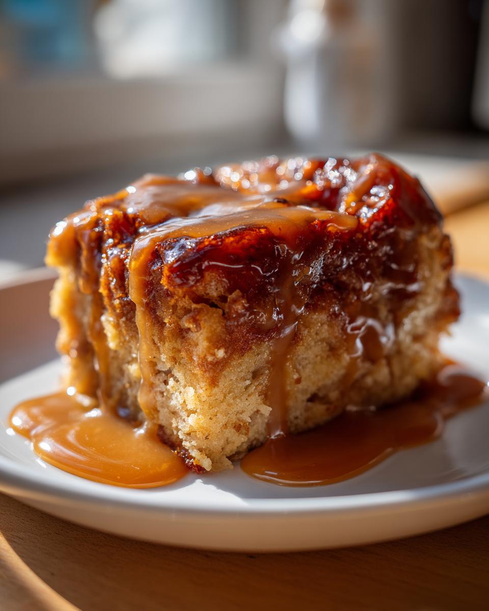 Close-up of a single serving of moist bread pudding drenched in rich caramel sauce on a white plate.