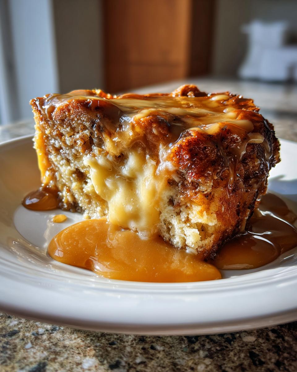 Close-up of a single serving of rich bread pudding drenched in thick caramel sauce.