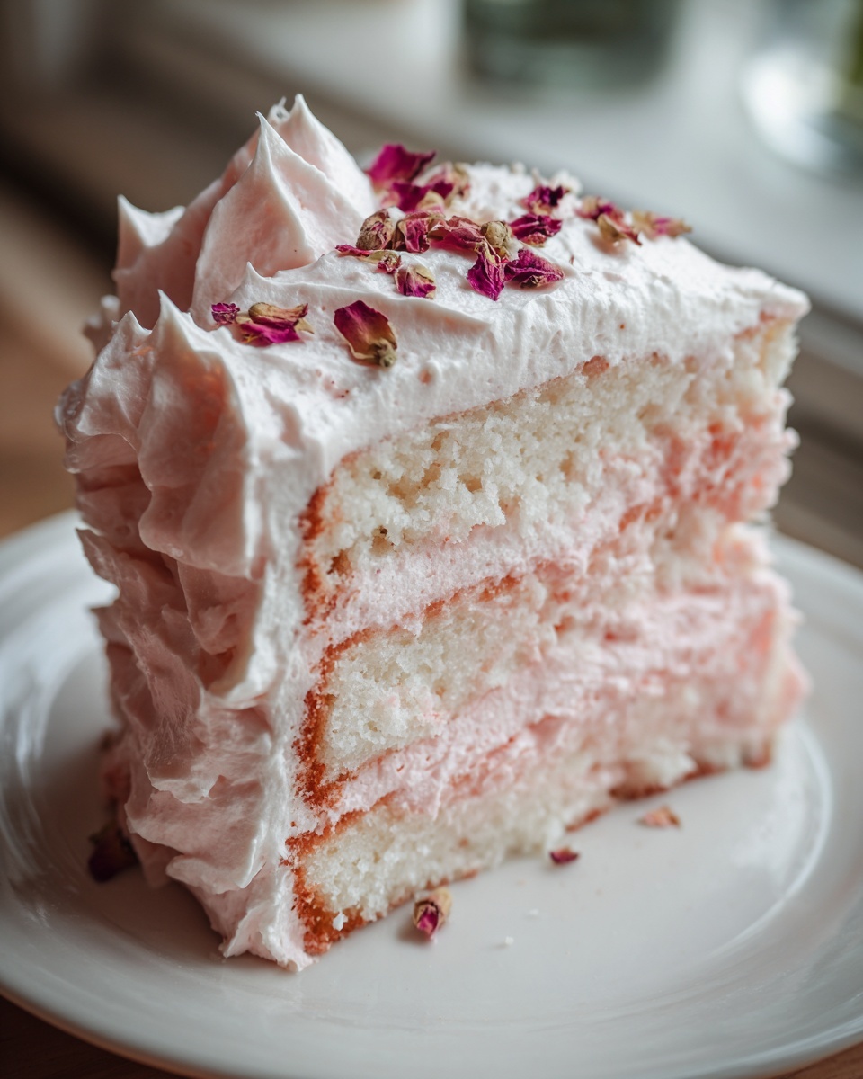 Close-up of a slice of layered rose cake featuring white sponge, pink filling, and white frosting topped with dried rose petals.