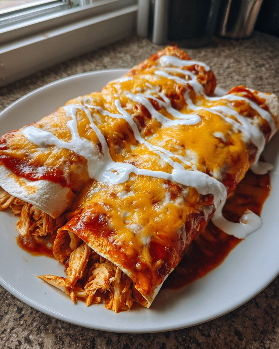Two rolled easy chicken enchiladas covered in red sauce, melted cheddar cheese, and sour cream drizzle.