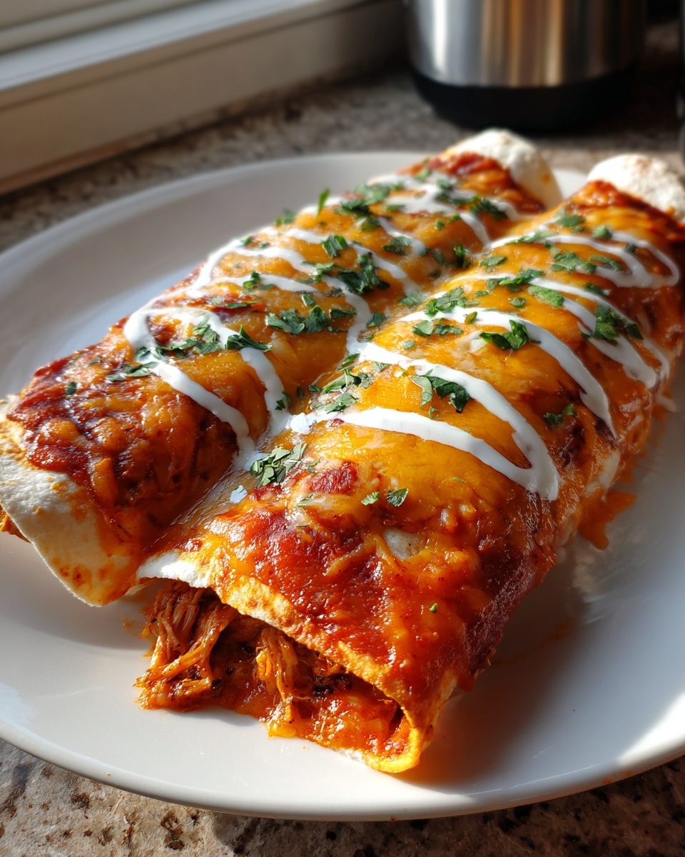 Two baked easy chicken enchiladas covered in red sauce, melted cheese, sour cream drizzle, and cilantro.