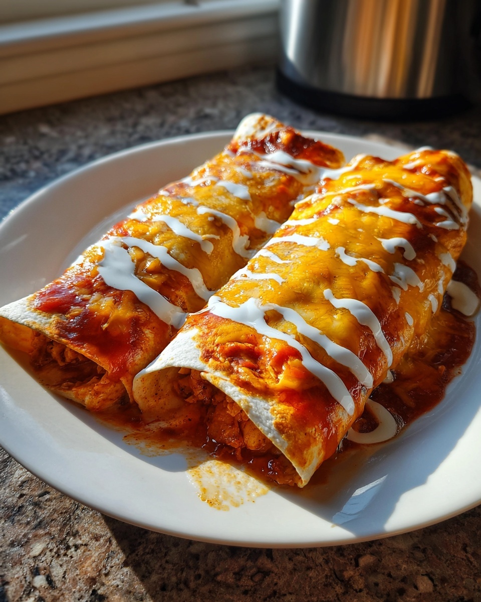 Two delicious easy chicken enchiladas covered in melted cheese and sour cream drizzle on a white plate.