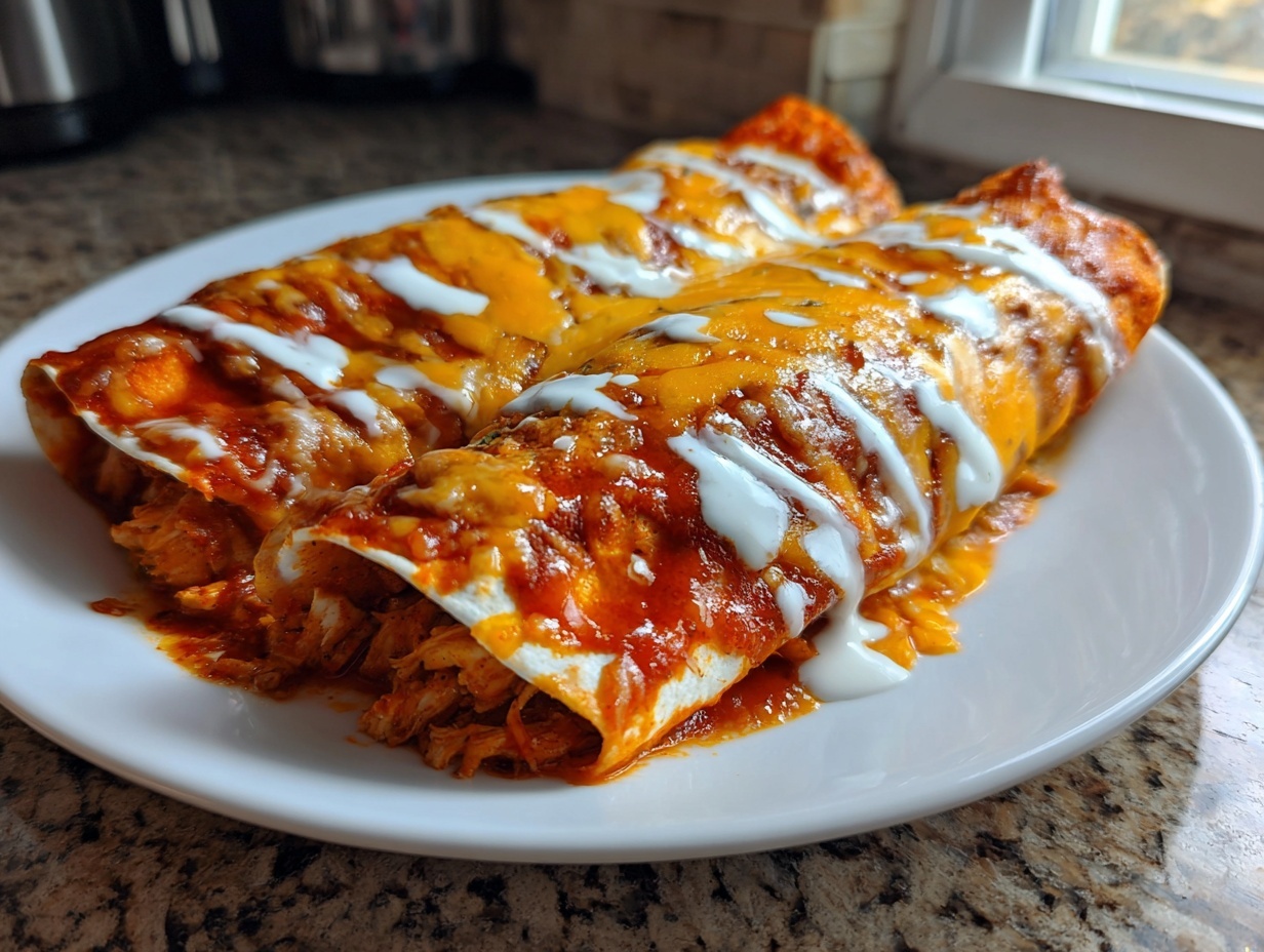 Two baked easy chicken enchiladas covered in melted cheddar cheese, red sauce, and drizzled with sour cream.