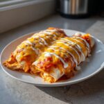 Two baked easy chicken enchiladas covered in melted cheddar cheese, red sauce, and sour cream drizzle.