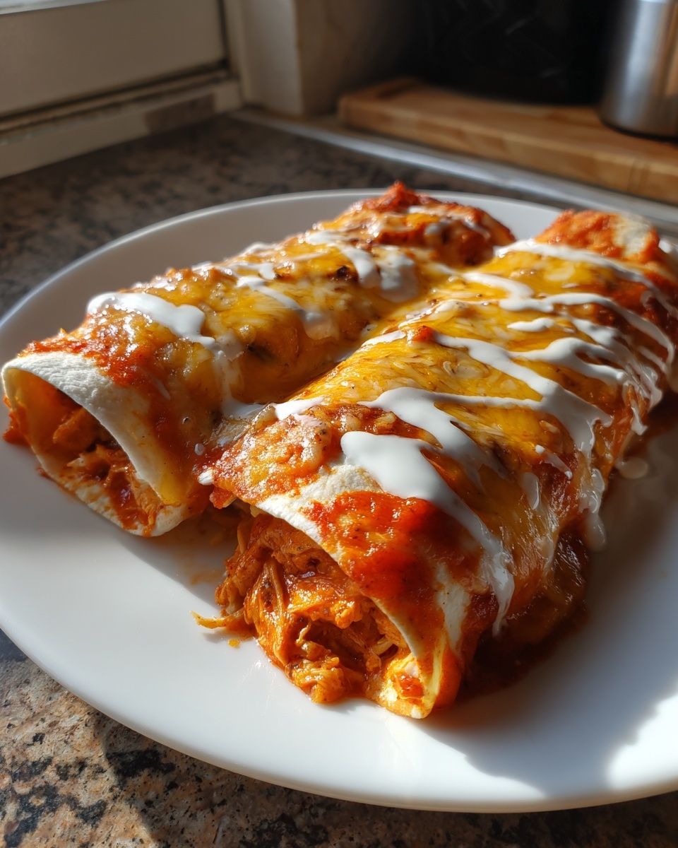 Two rolled easy chicken enchiladas covered in red sauce, melted cheese, and sour cream drizzle on a white plate.