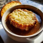 Close-up of a bowl of easy crockpot french onion soup topped with a cheesy crouton.