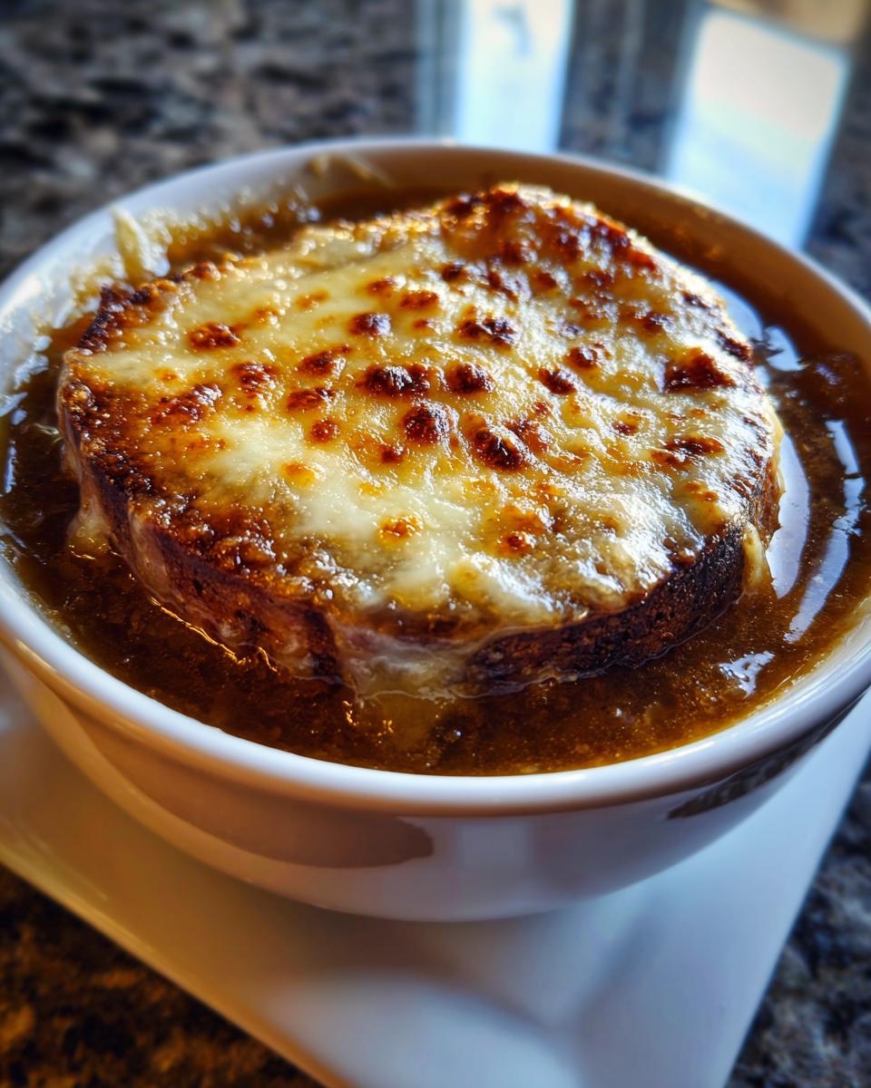 Close-up of rich, dark broth topped with a thick crouton and melted, bubbly Gruyère cheese for easy crockpot french onion soup.