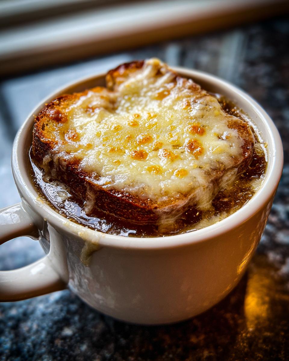 A close-up shot of a mug filled with easy crockpot french onion soup, topped with a toasted crouton and melted, bubbly cheese.