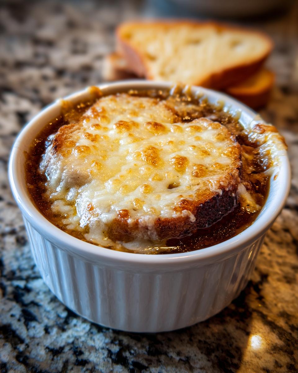 Close-up of easy crockpot french onion soup with a thick layer of melted, browned cheese over toast.