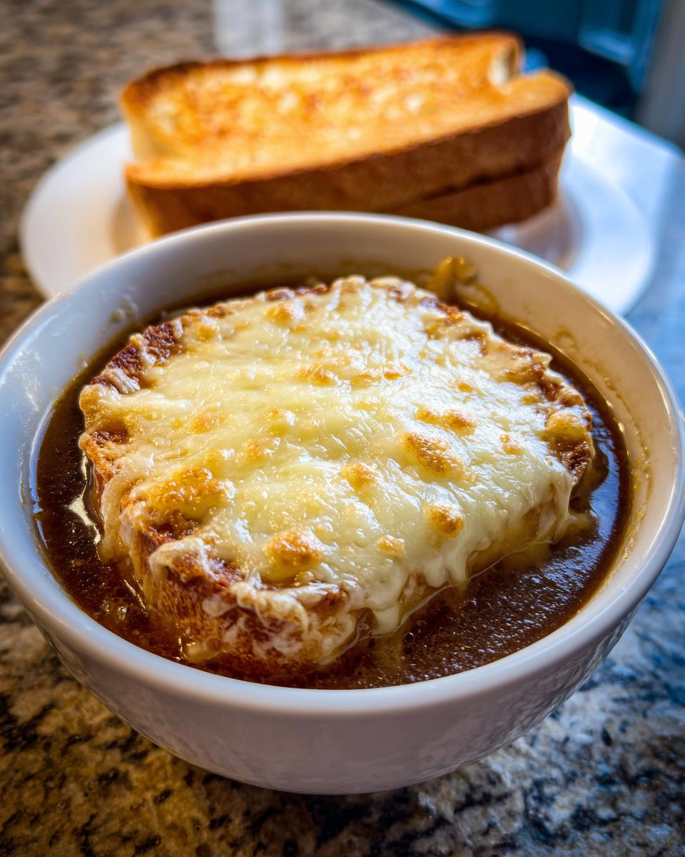 Close-up of a bowl of easy crockpot French onion soup topped with melted, bubbly cheese over bread.