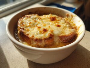 Close-up of a bowl of easy crockpot french onion soup topped with melted, browned cheese over toast.
