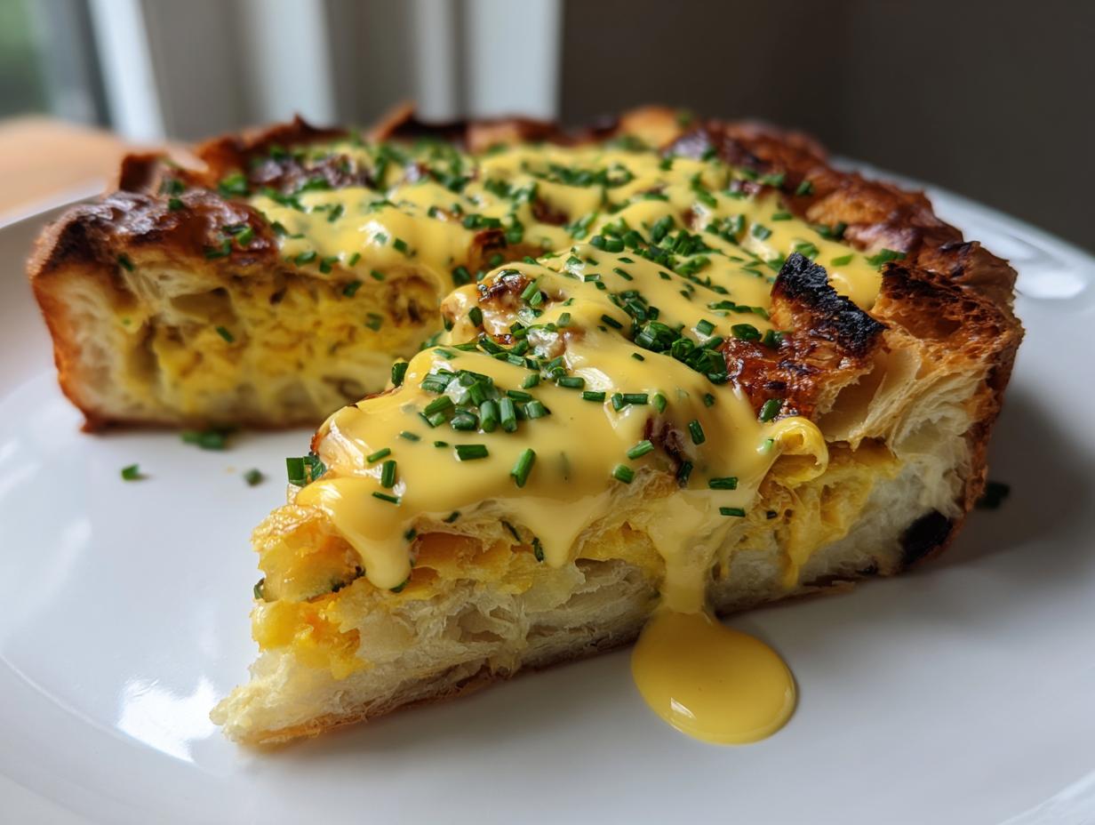 A slice of rich eggs benedict casserole with croissants, topped with creamy hollandaise sauce and fresh chives.