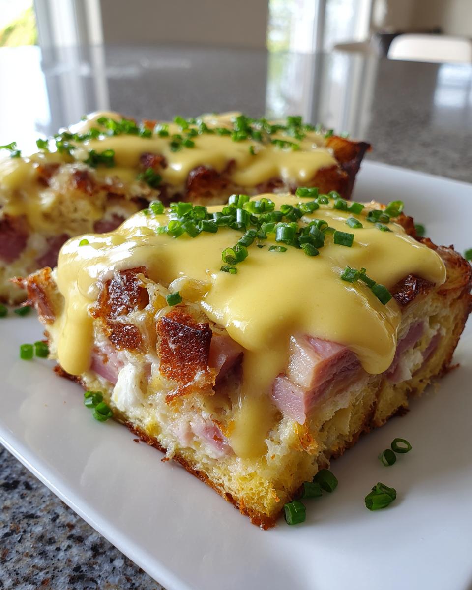 Two slices of rich eggs benedict casserole topped with creamy hollandaise sauce and fresh chives.