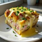 A square serving of eggs benedict casserole topped with rich hollandaise sauce and fresh chives.