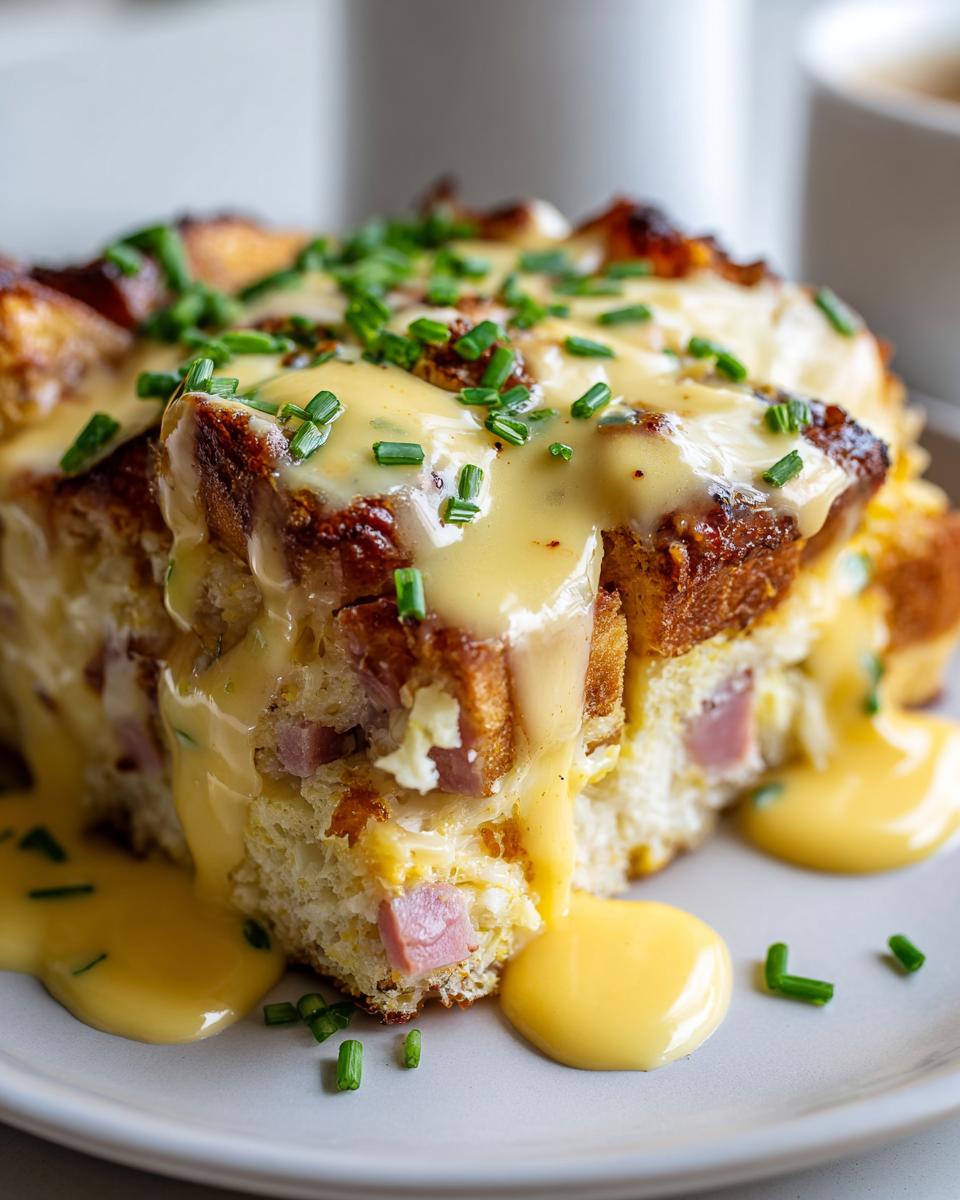 Close-up of a serving of eggs benedict casserole topped with rich hollandaise sauce and fresh chives.