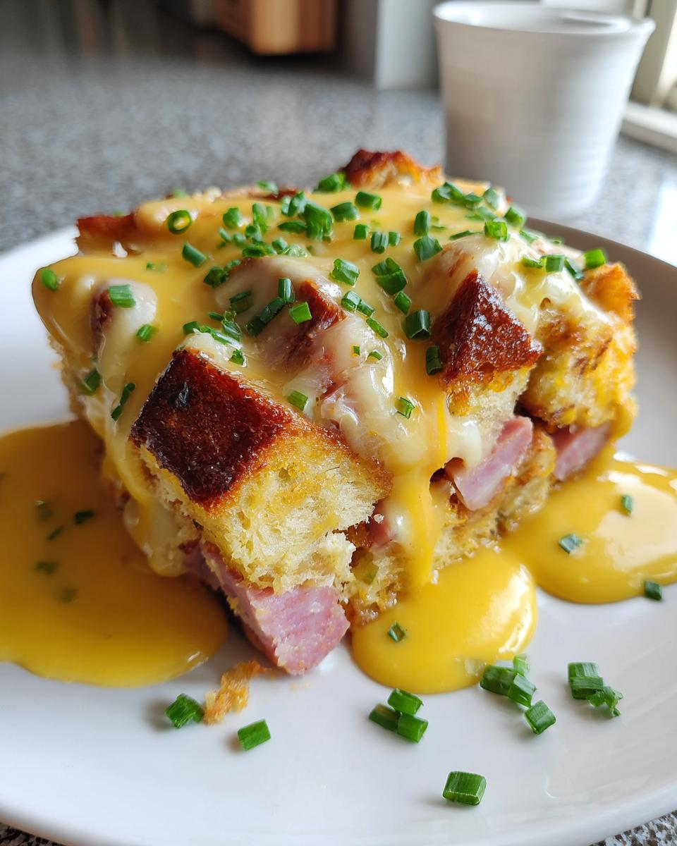 A square serving of eggs benedict casserole topped with melted cheese, rich hollandaise sauce, and fresh chives.