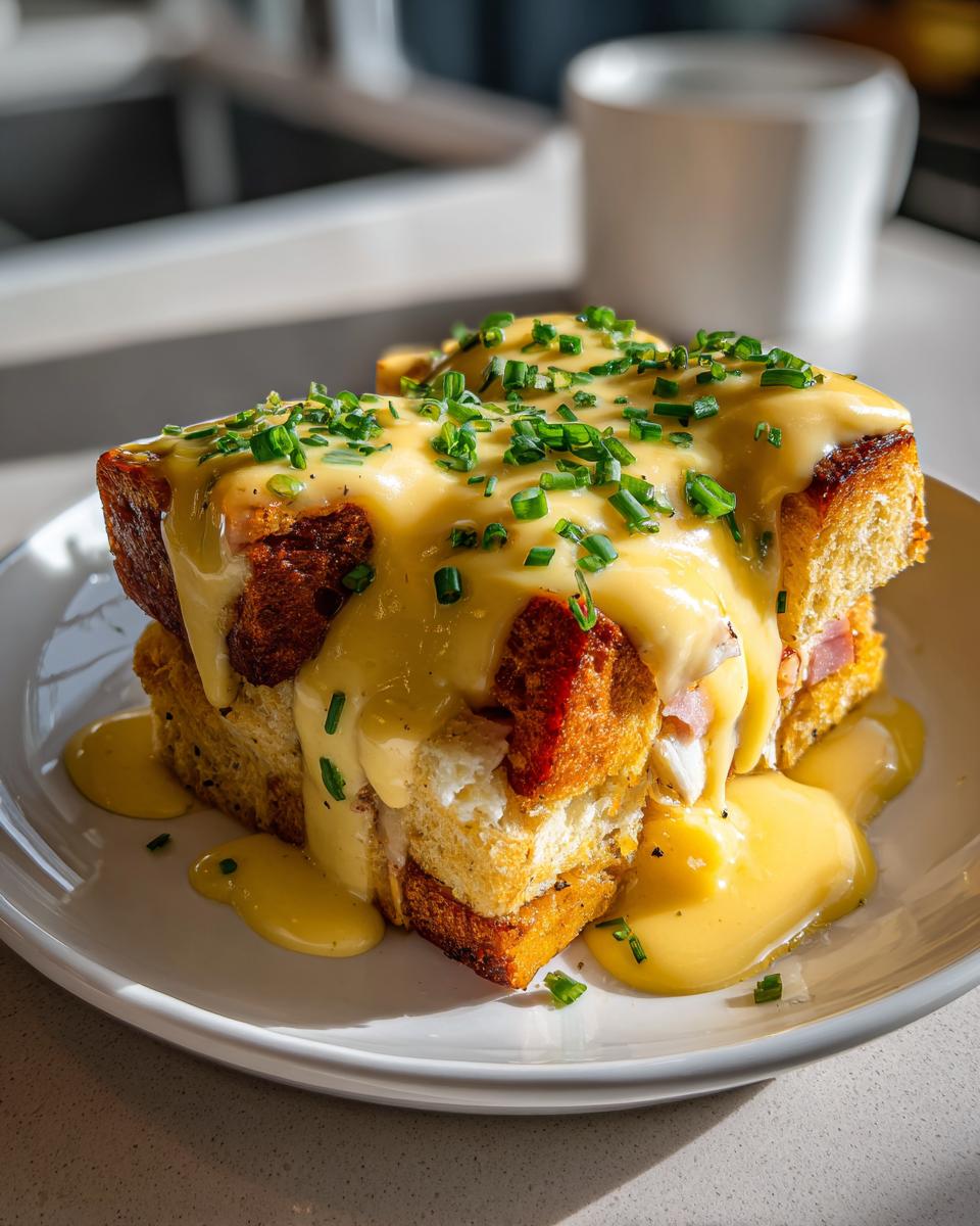 A thick slice of eggs benedict casserole topped generously with rich hollandaise sauce and fresh chives.