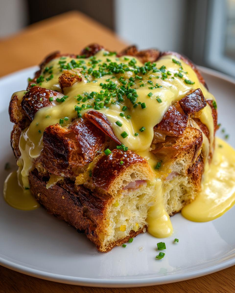 A decadent serving of eggs benedict casserole with croissants, topped with hollandaise sauce and chives.