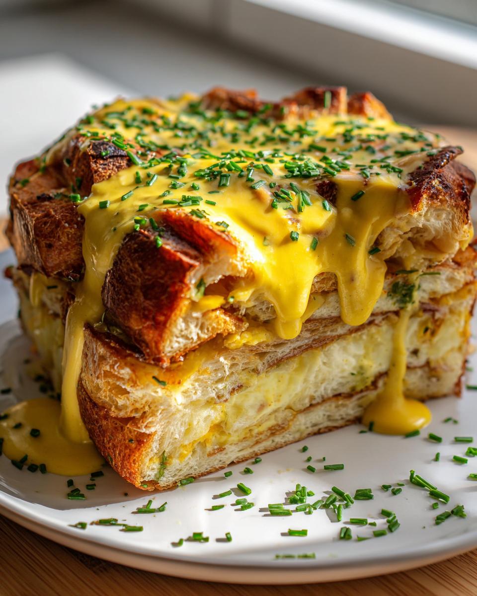 A decadent serving of eggs benedict casserole with croissants, topped with rich hollandaise sauce and fresh chives.