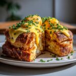 A cross-section serving of eggs benedict casserole with croissants, topped with rich hollandaise sauce and fresh chives.