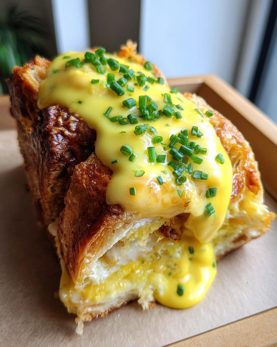 A close-up of a serving of eggs benedict casserole with croissants, topped with rich hollandaise sauce and fresh chives.