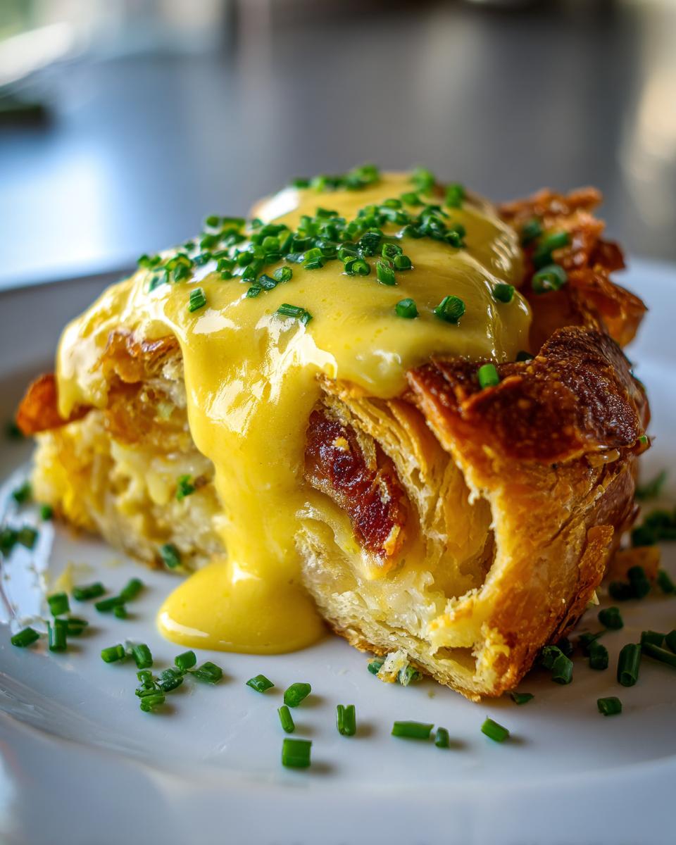 A close-up of a serving of eggs benedict casserole with croissants, topped with rich hollandaise sauce and fresh chives.
