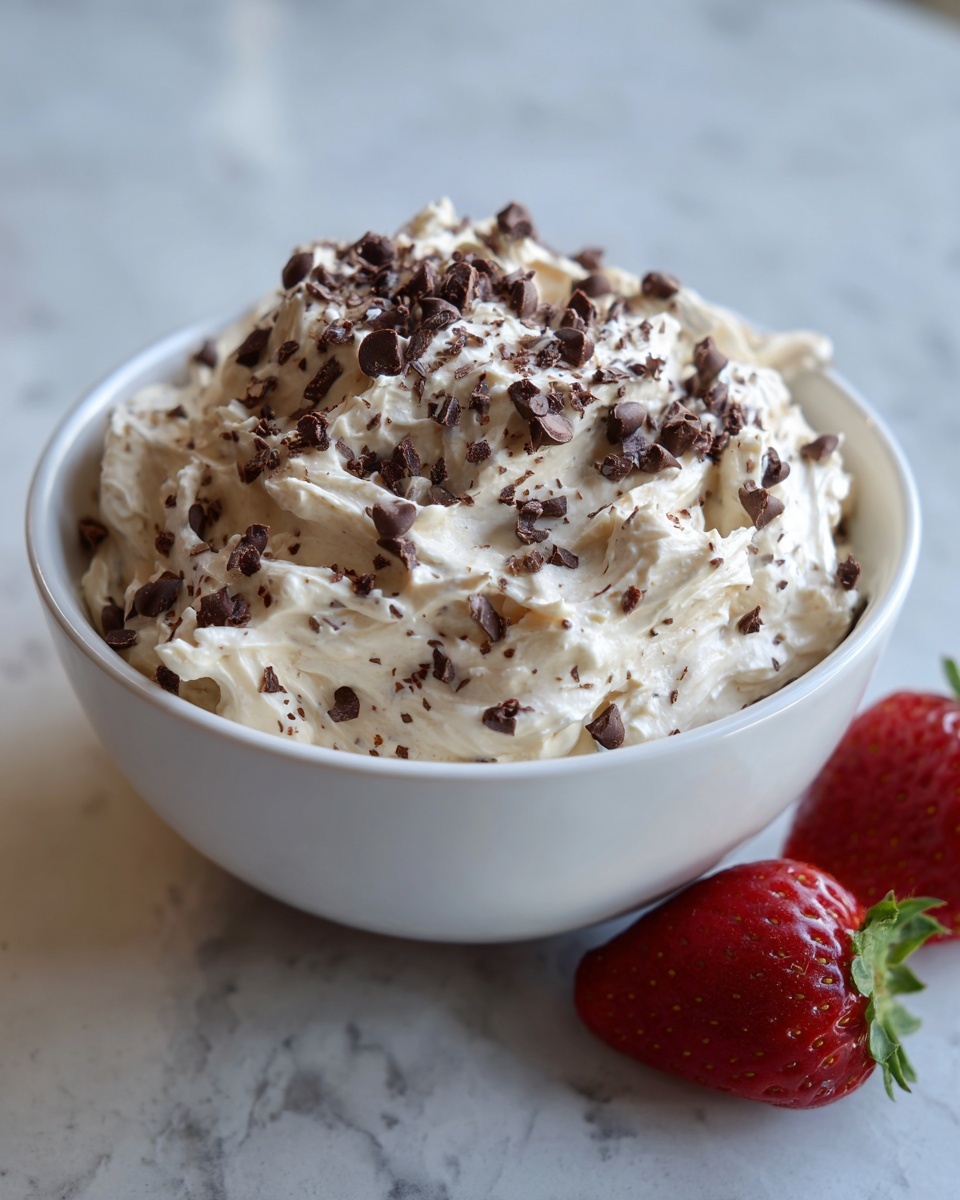 A bowl of creamy, fluffy chocolate dip topped with mini chocolate chips, served next to fresh strawberries.