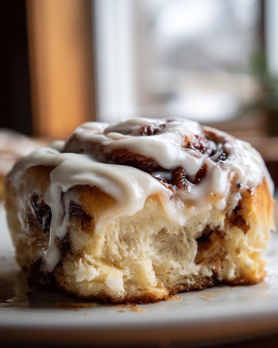 Close-up of a single, fluffy cinnamon rolls homemade slice topped with thick white cream cheese icing.