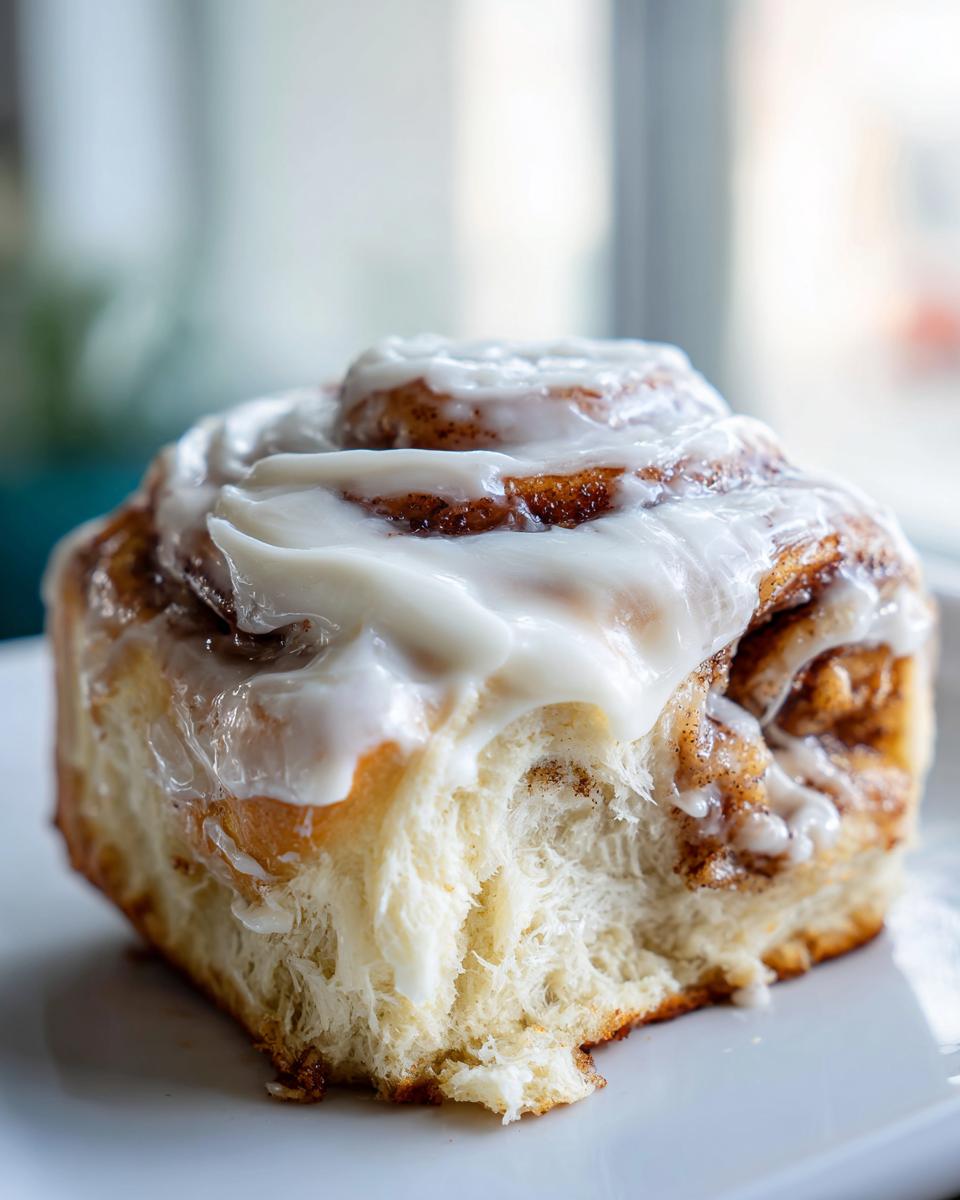 Close-up of a fluffy homemade cinnamon rolls with thick white icing, showing the soft interior.