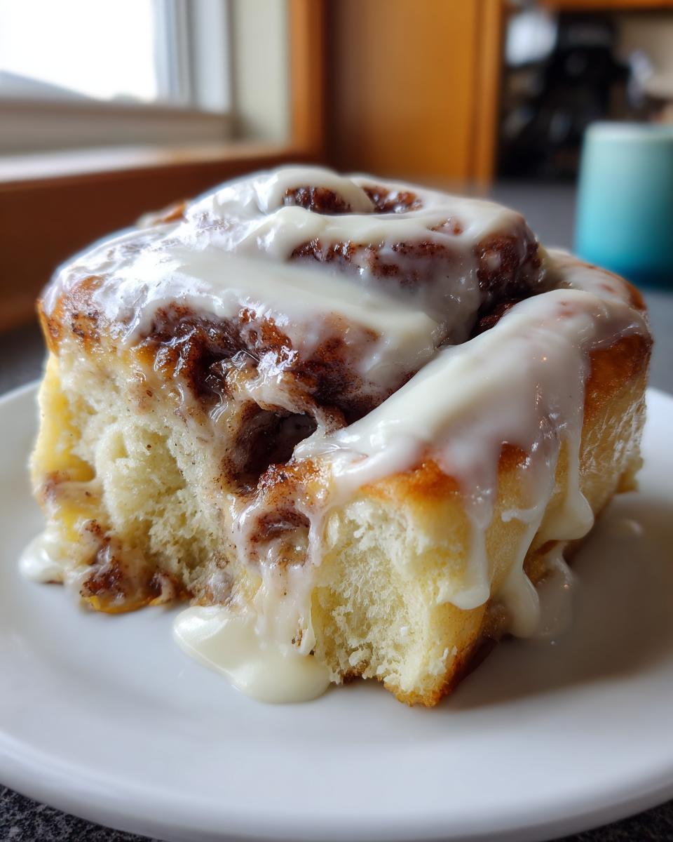 Close-up of a fluffy homemade cinnamon rolls slice covered in thick, dripping cream cheese icing.