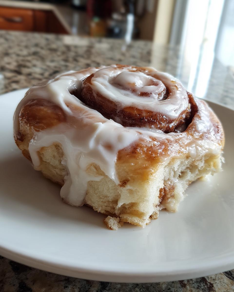 A close-up of a fluffy homemade cinnamon rolls with thick white icing dripping down the spiral.