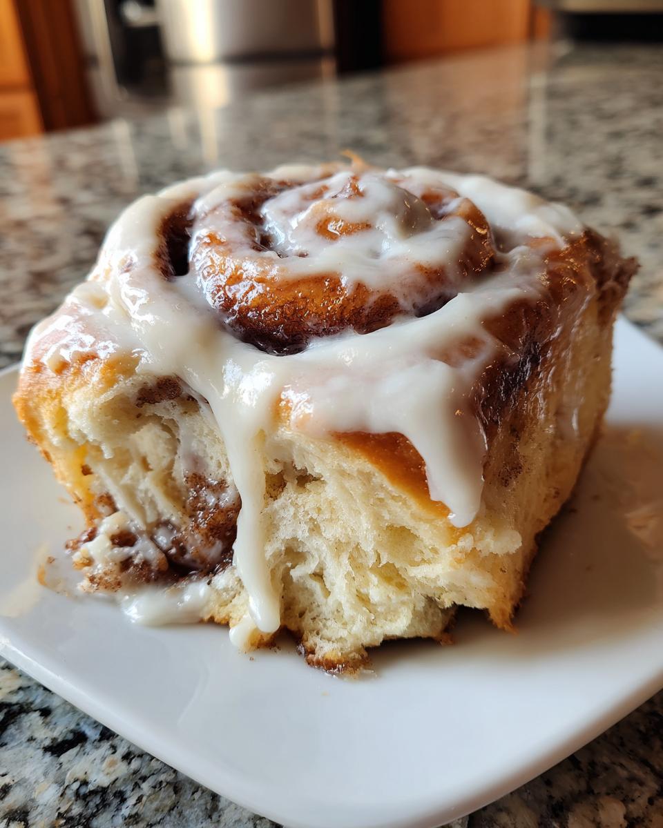 Close-up of a fluffy homemade cinnamon rolls slice topped with thick, dripping white icing.